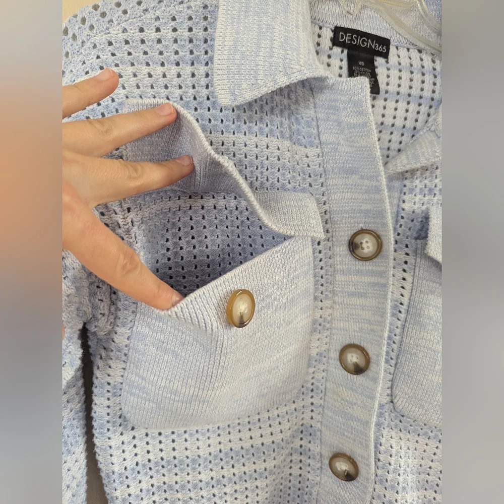 Design 365 Crocheted Knit Two Pocket Sweater Cardigan Coat Jacket, Blue (XS) - Picture 7 of 15